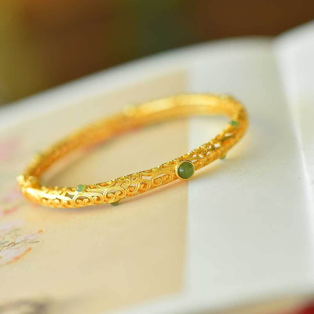 925 Silver Inlaid Hetian Jadeite (Jasper) "Cabochon & All Wishes Come True" Hollowed-Out Bracelet