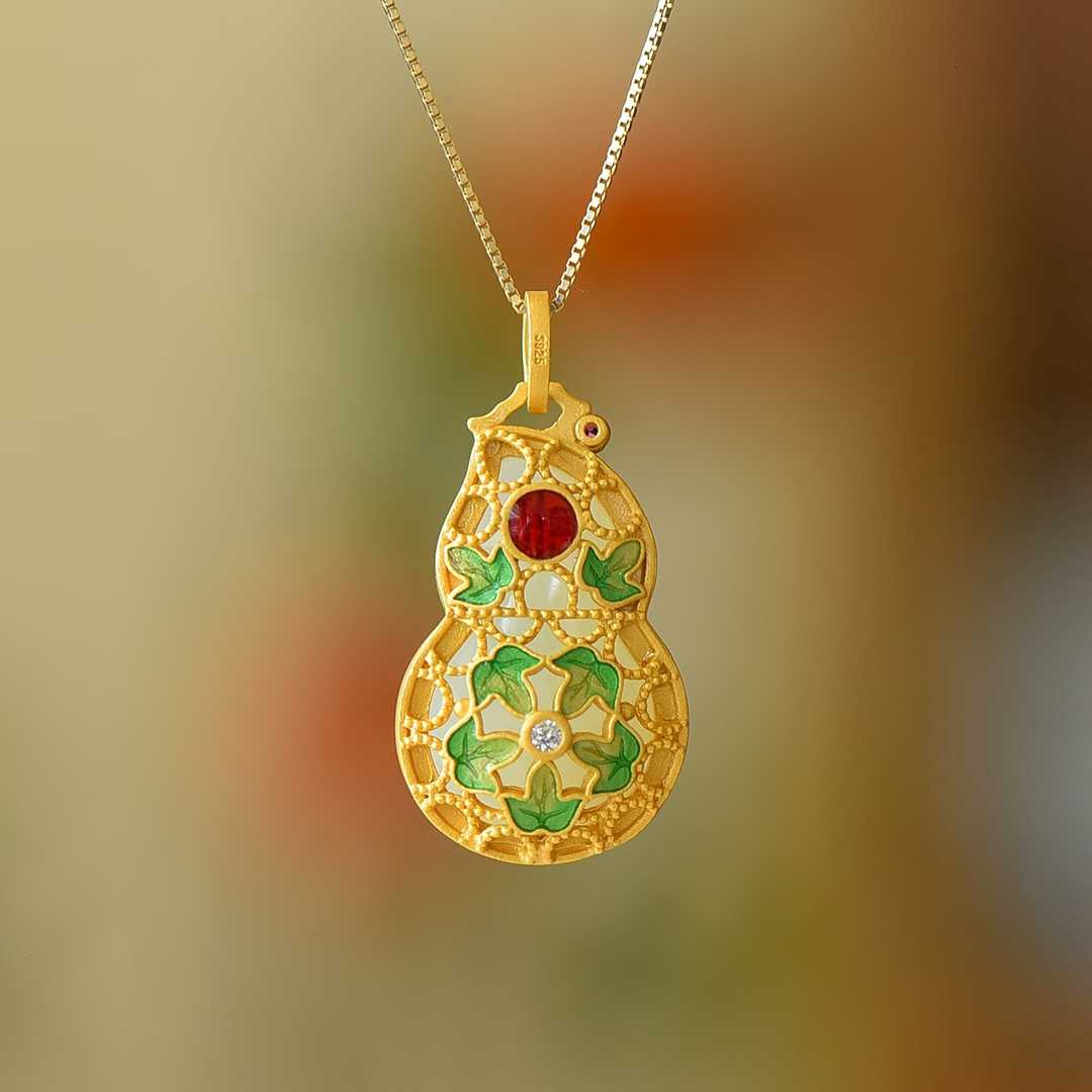 925 Silver Inlaid Nephrite "Fu Lu" (Happiness and Prosperity) Pendant
