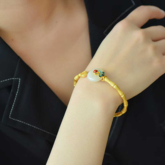 925 Silver Inlaid Hetian Nephrite "Peace Buckle & Auspicious Clouds" Bracelet