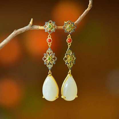 925 Silver Inlaid Nephrite "Flowers Bloom in Prosperity" Teardrop Earrings