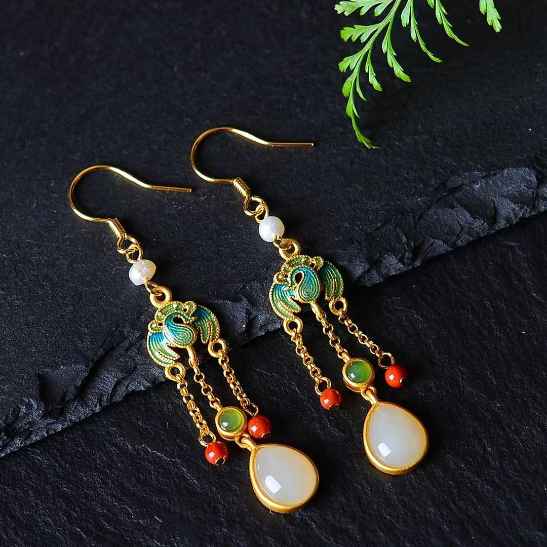 925 Silver Inlaid Hetian Jade Teardrop Earrings