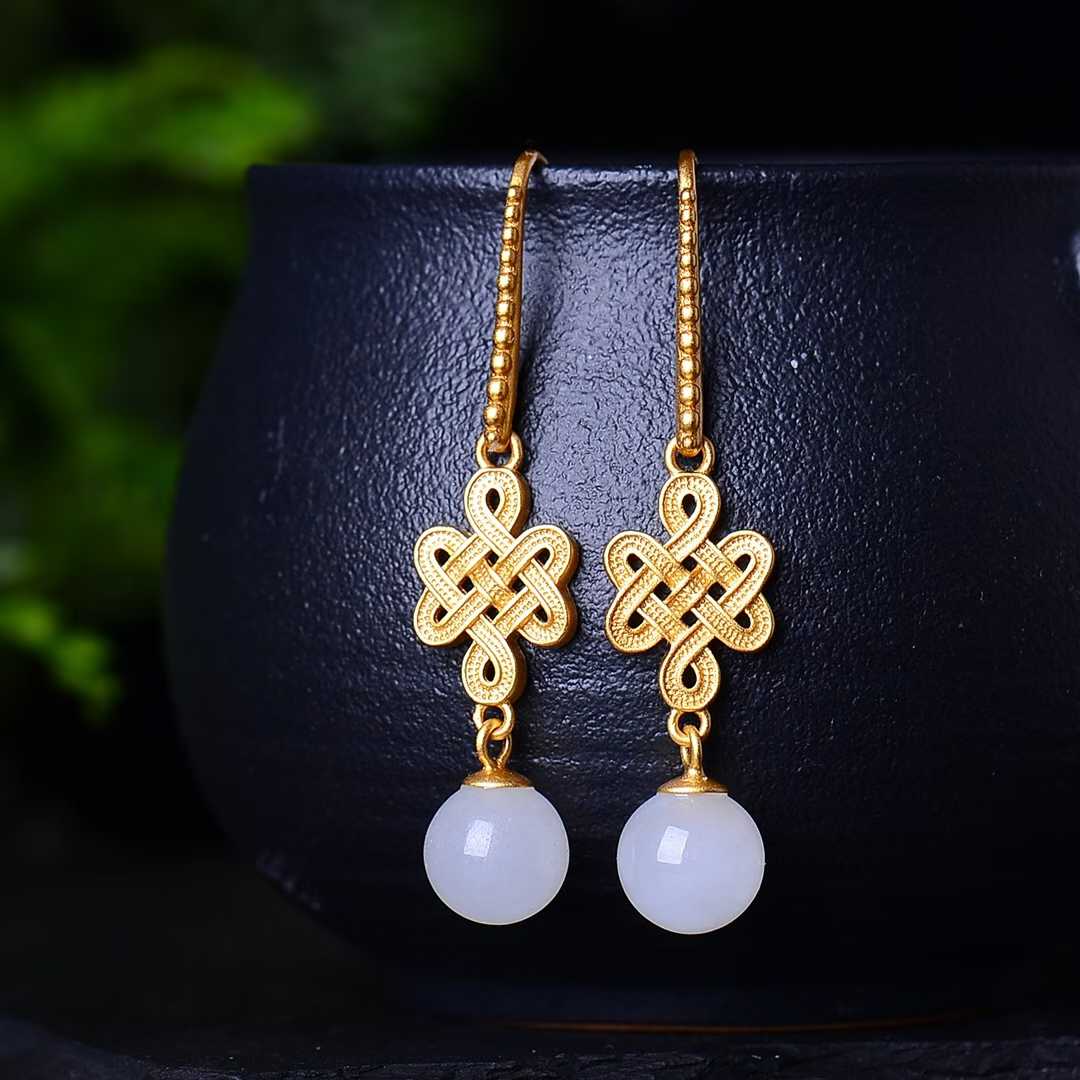 925 Silver Inlaid Nephrite Thick Matte Gold Earrings