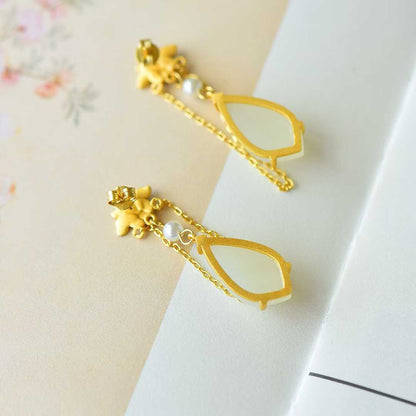 Elegant Hetian nephrite with enamel design - sterling silver earrings
