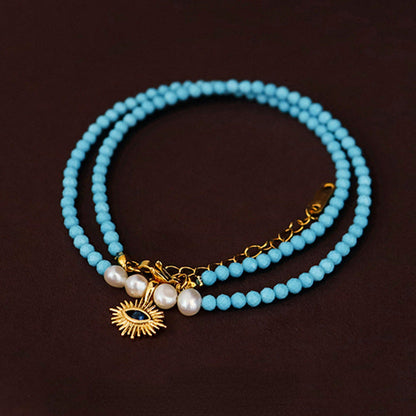 Ladies Vintage Evil Eye Natural Stone Pearl Necklace