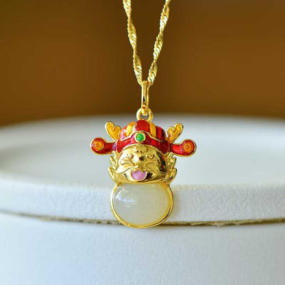 925 Silver Inlaid Hetian Nephrite "Peace Buckle & Rolling Wealth" God of Wealth Dragon Pendant
