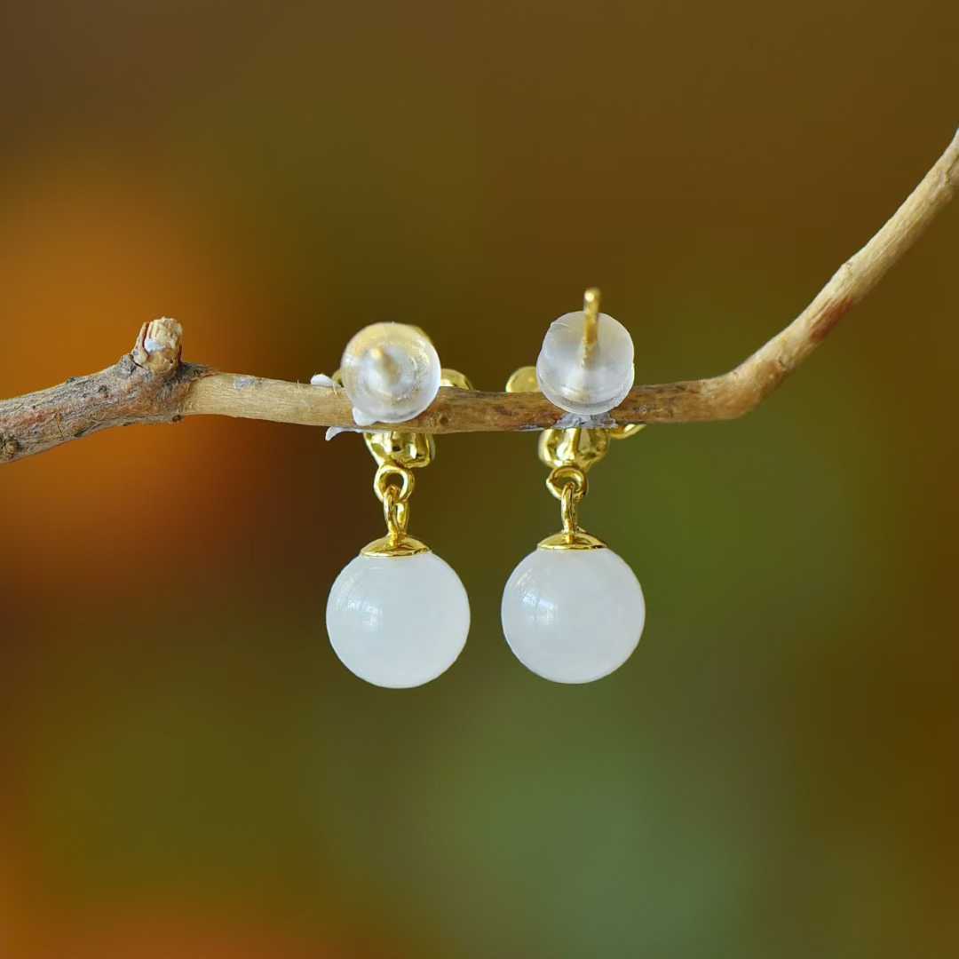 925 Silver Inlaid White Jade Bead "Peach Blossom" Earrings