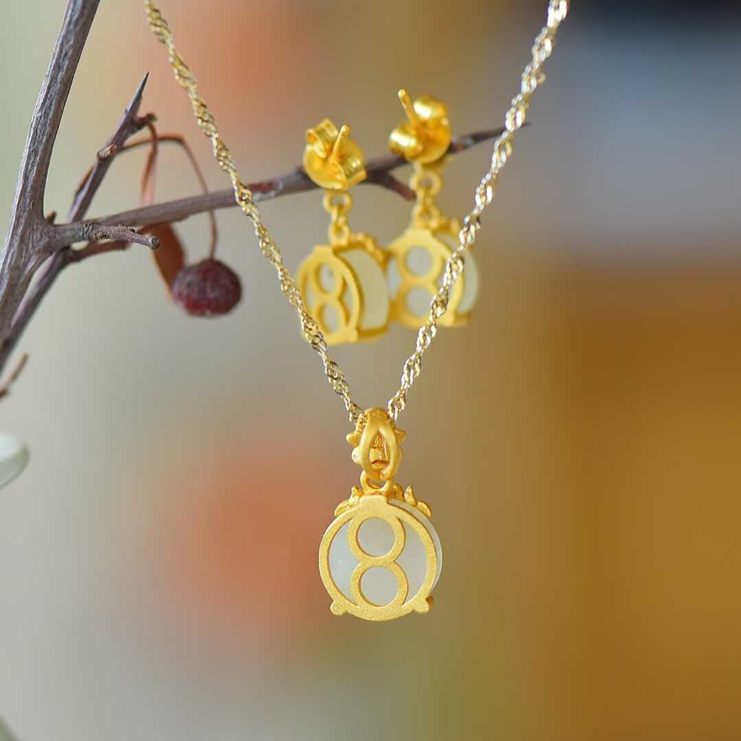 Ancient-Style Silver & Hetian Nephrite Flat Orchid Jewelry Set