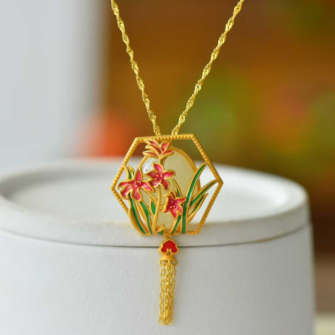 925 Silver Inlaid Hetian Nephrite "Flowers Bloom & Fortune Arrives" Jewelry Set