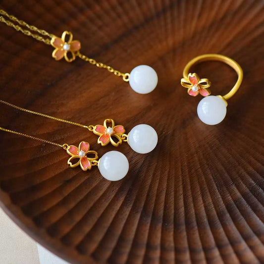 S925 Silver Inlaid Nephrite "Cherry Blossom" Three-Piece Jewelry Set