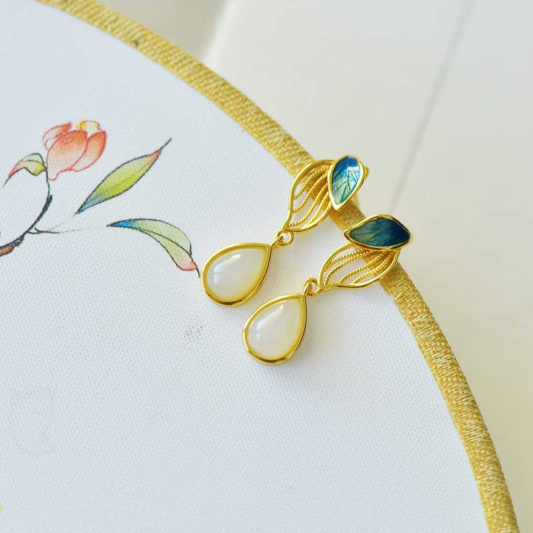 925 Silver Inlaid Hetian Nephrite "Golden Branch & Jade Leaf" Earrings