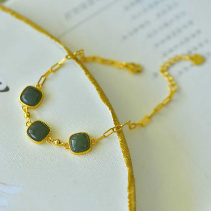 925 Silver Inlaid Hetian Green Nephrite Bracelet