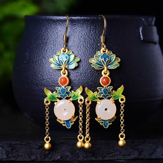 925 Silver Inlaid Nephrite Ping'an Buckle Enamel Earrings