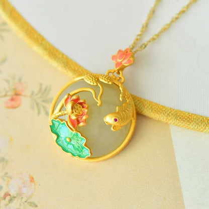 925 Silver Inlaid Hetian Nephrite Smoky Gray Cabochon "Lotus & Abundant Surplus" Pendant