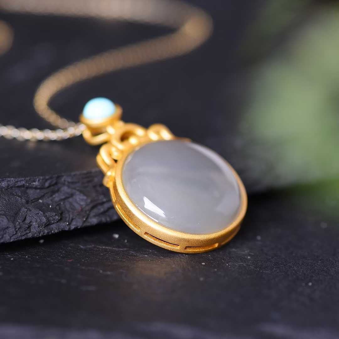 925 Silver Inlaid Hetian Nephrite "Smoky Gray & Thick Matte" Pendant