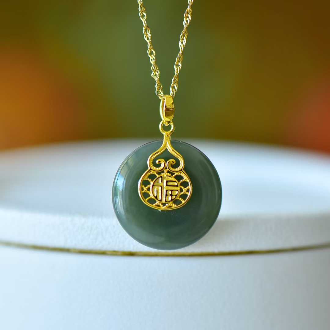 925 Silver Inlaid Hetian Nephrite "Peace Buckle & Gourd" Pendant