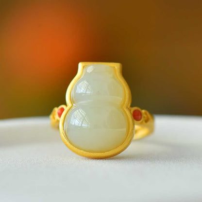 925 Silver Inlaid Hetian White Nephrite Gourd Ring