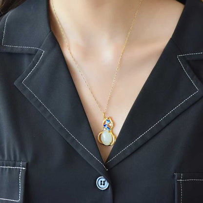 925 Silver Inlaid Hetian Nephrite "Butterfly Loves Flower & Gourd" Pendant