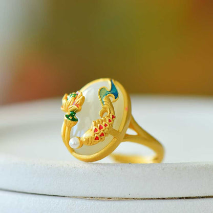 925 Silver Inlaid White Hetian Nephrite "Goldfish & Continuous Years" Auspicious Ring