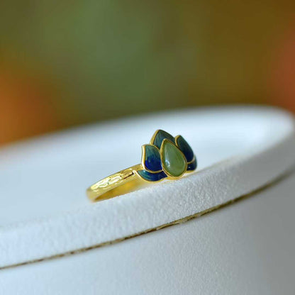 925 Silver Inlaid Hetian Nephrite "Water Drop & Lotus" Ring