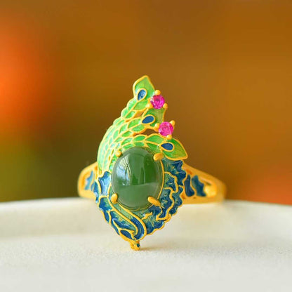 925 Silver Inlaid Hetian Spinach Green Nephrite Cabochon Peacock Enamel Ring