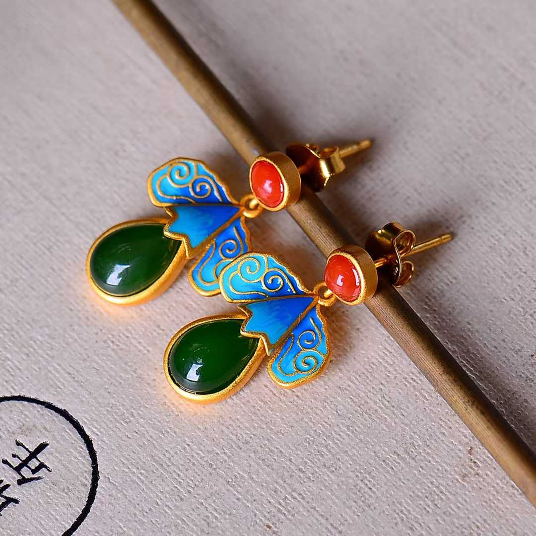 925 Silver Inlaid Nephrite Green Jade Teardrop Enamel Earrings