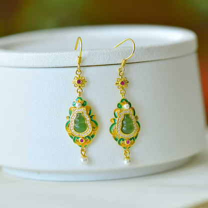 925 Silver Inlaid Hetian Jadeite (Jasper) "Gourd - Blessing & Emoluments" Earrings
