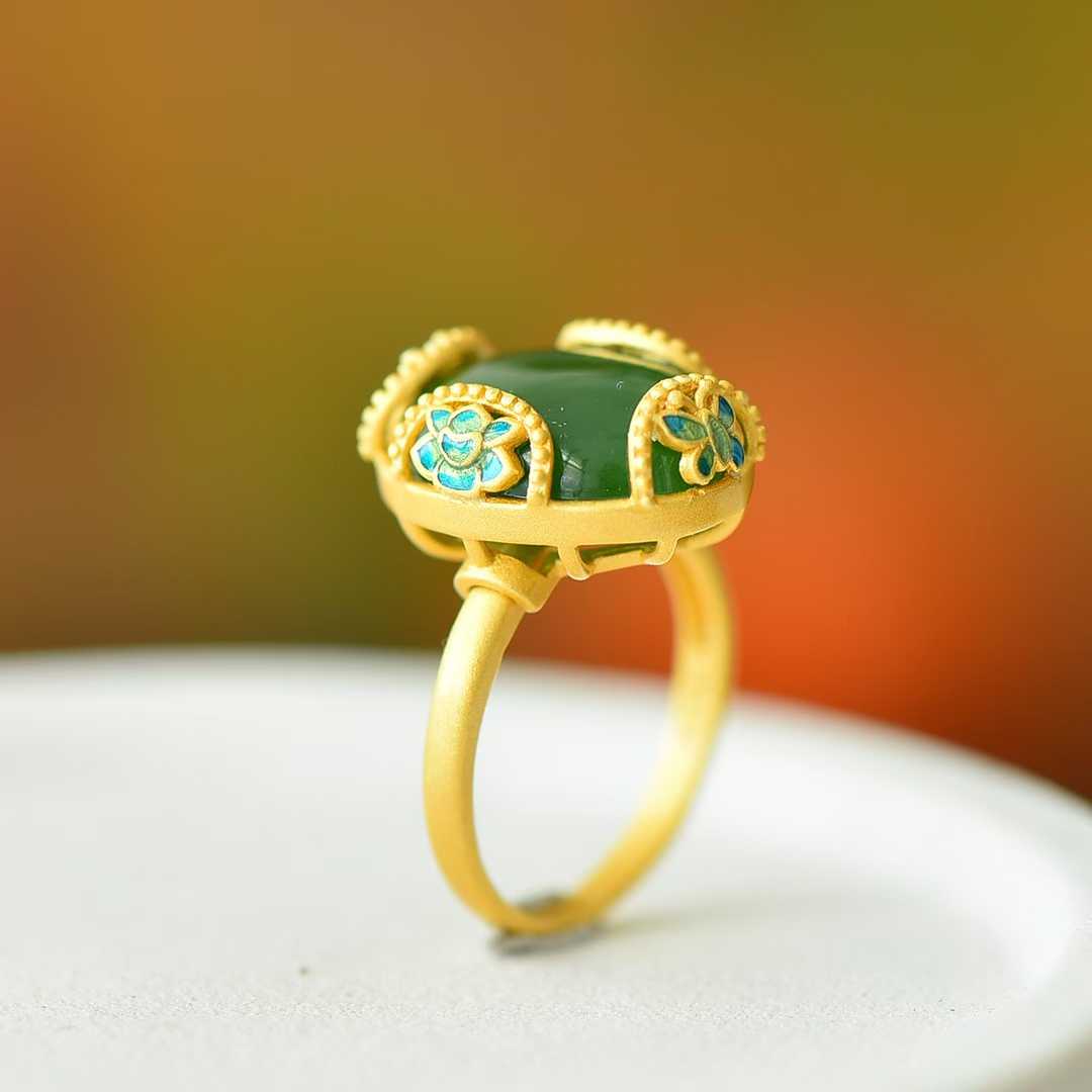 925 Silver Inlaid Hetian Spinach Green Nephrite Cabochon "Colorful Butterflies & Continuous Luck" Enamel Butterfly Ring