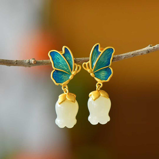 925 Silver Inlaid Nephrite Pomegranate Flower and Butterfly Earrings