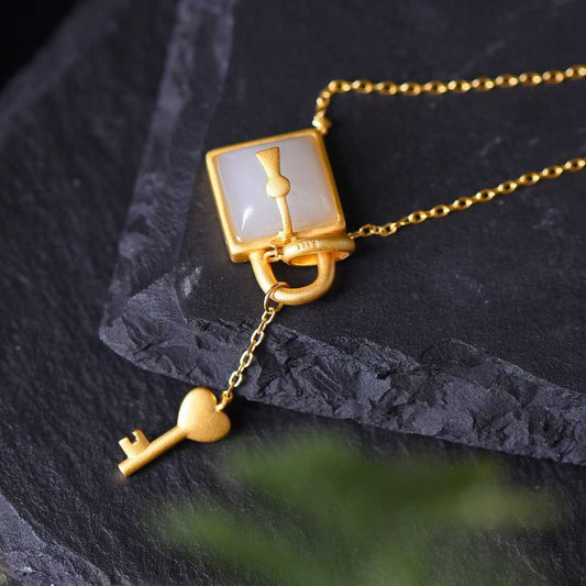 925 Silver Inlaid Hetian Nephrite "Smoky Gray Key & Lock" Pendant