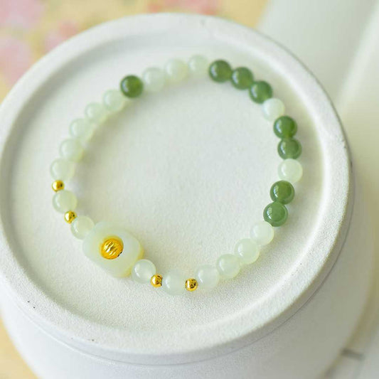 Hetian Nephrite (Sunny Water Material) 6mm Beads & Hollow Lucky Charm Multi-Gem Bracelet