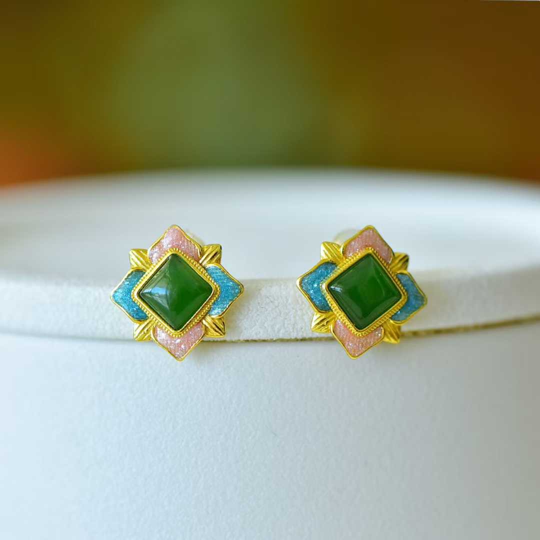 925 Silver Inlaid Hetian Nephrite "Heart Shape & Blooming Prosperity" Stud Earrings