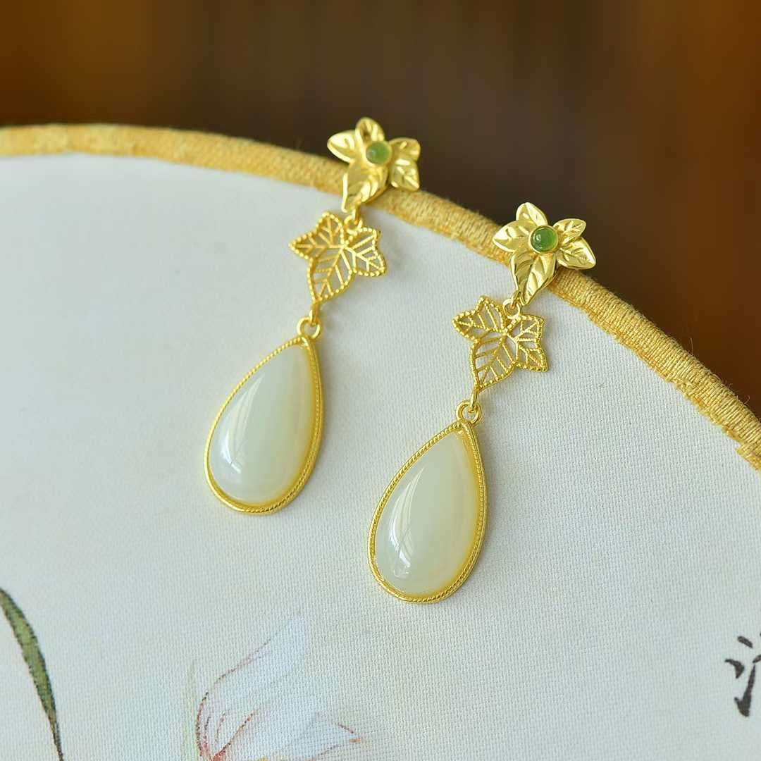 925 Silver Inlaid Nephrite "Golden Branch Jade Leaf" Earrings