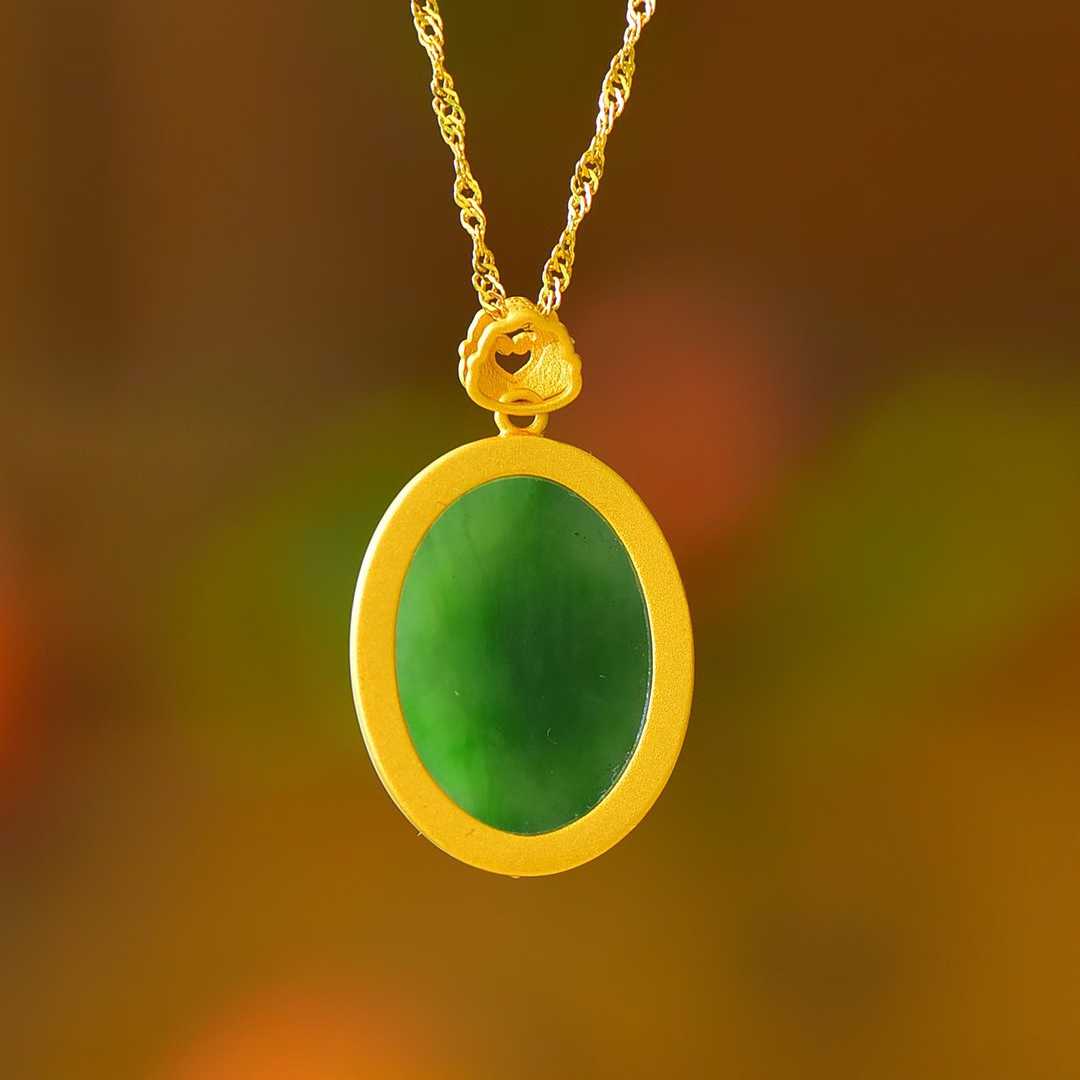 925 Silver-Inlaid Hetian Green Jade Pendant with "Continuous Blessings & Fortune" Meaning & Enamel Accents