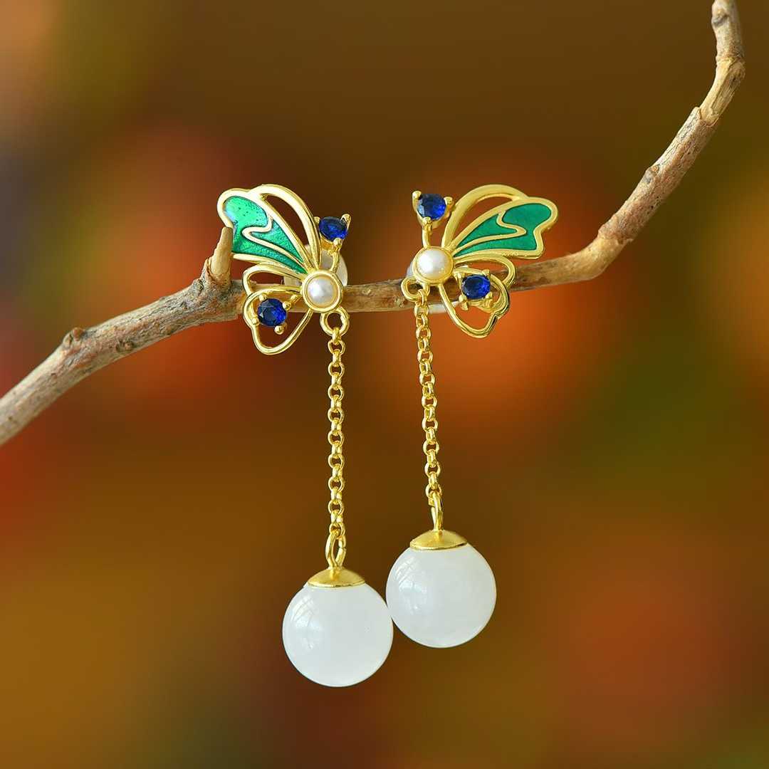 925 Silver Inlaid Nephrite "Butterflies in Flight" Stud Earrings