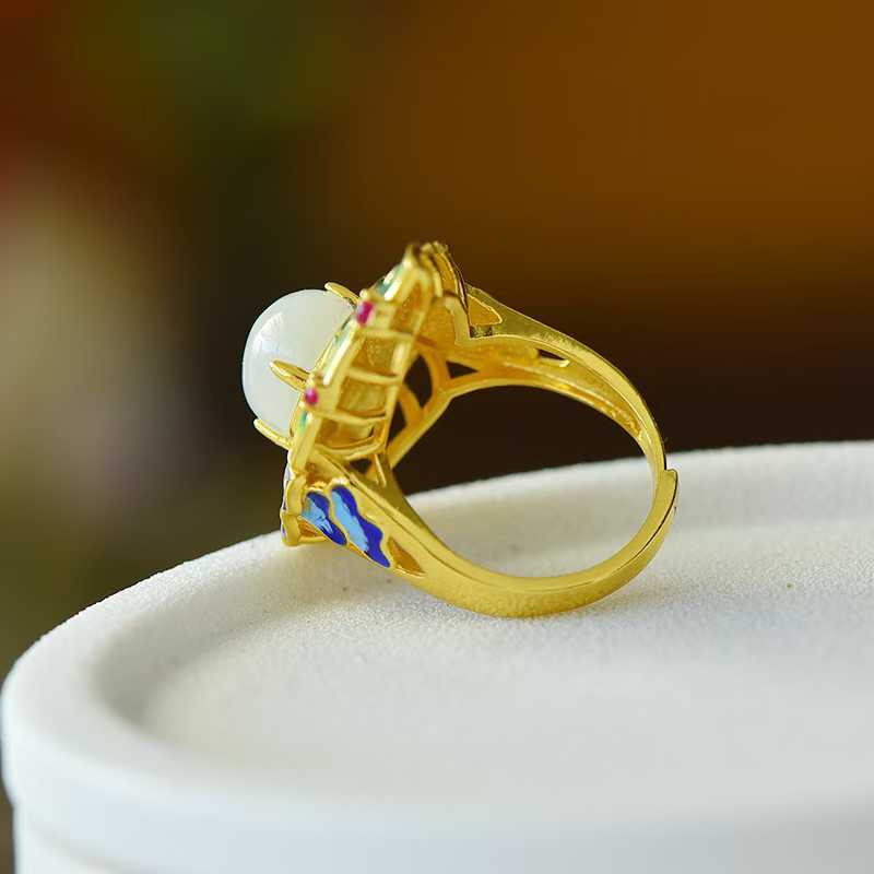 925 Silver Inlaid Hetian Nephrite Phoenix Ring