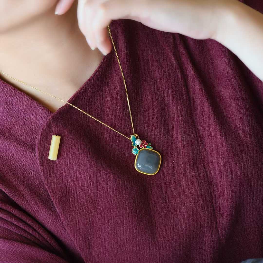 925 Silver Inlaid Hetian Nephrite "Smoky Gray & Matte Gold Enamel" Pendant