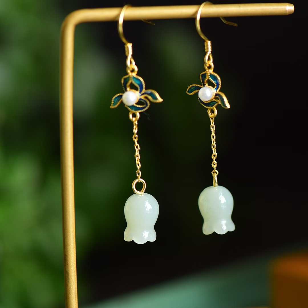 S925 Silver Inlaid Nephrite Wind Chime Flower Earrings