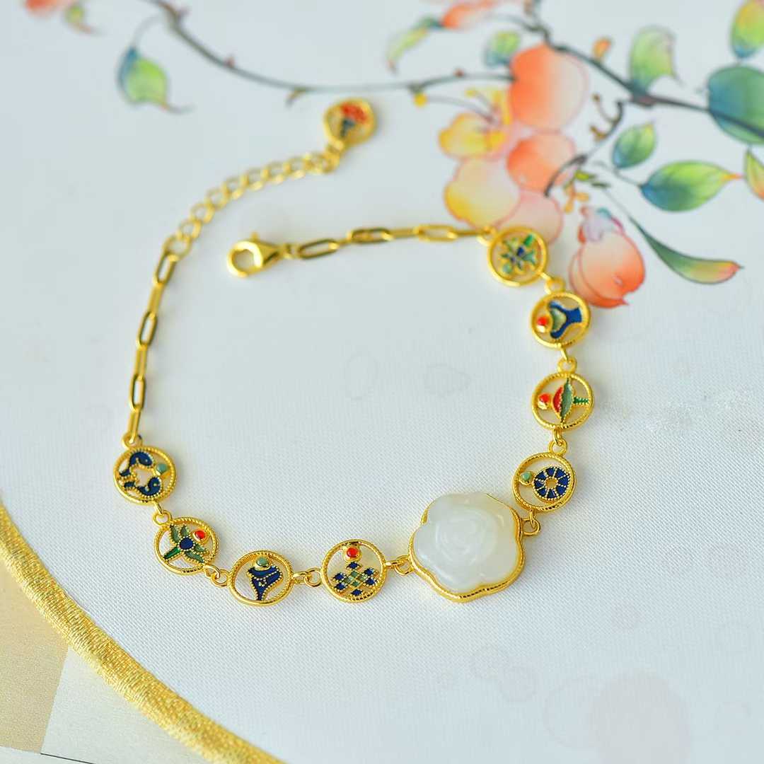 925 Silver Inlaid Enamel & Hetian Nephrite "Blooming Roses & Eight Treasures" Bracelet