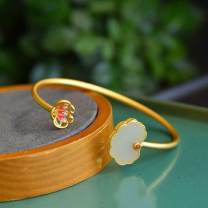 S925 Silver Inlaid Hetian Nephrite "Lotus & Year-Round Ruyi" Bracelet