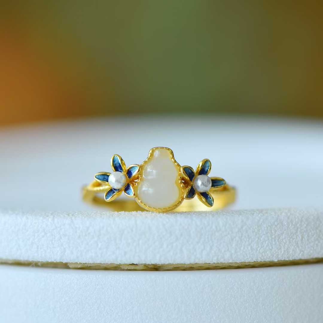 925 Silver Inlaid Hetian Nephrite "Gourd & Orchid" Ring