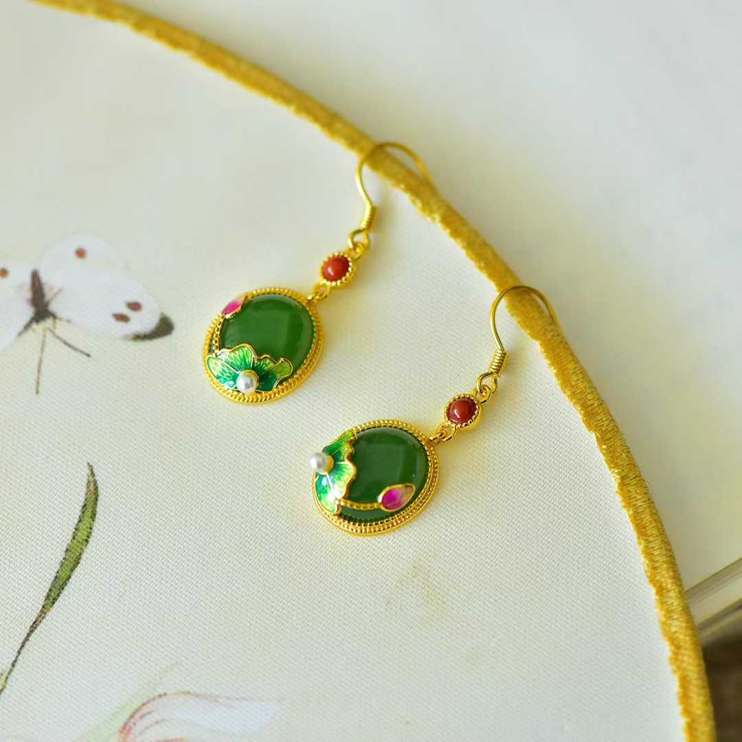 925 Silver Inlaid Hetian Spinach Green Nephrite "Lotus & Harmony" Stud Earrings