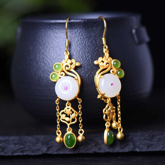 925 Silver Inlaid Hetian Jade Ping'an Kou Set