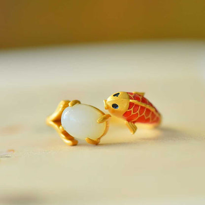 S925 Silver Inlaid Hetian Nephrite "Yearly Surplus (Fish)" Ring