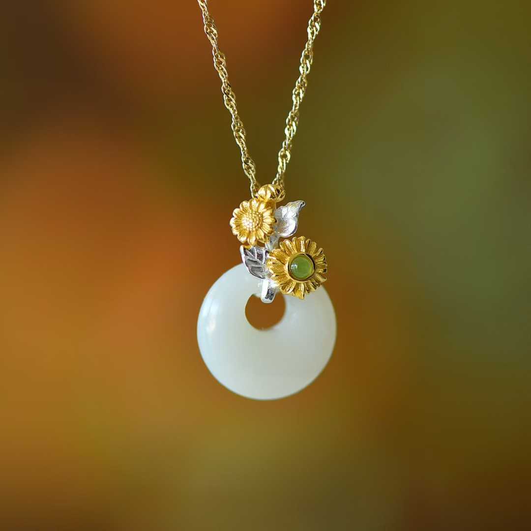 925 Silver Inlaid Hetian Nephrite "July Hollyhock (Twelve Flower Gods)" Jewelry Set