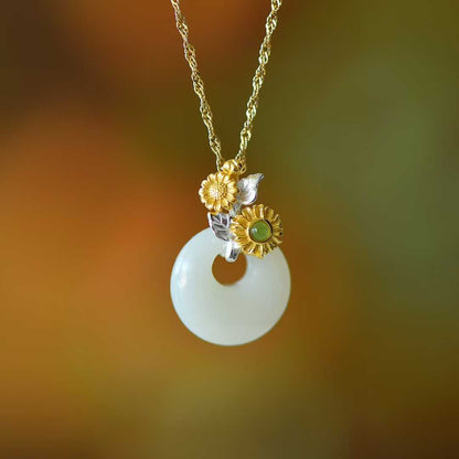 925 Silver Inlaid Hetian Nephrite "July Hollyhock (Twelve Flower Gods)" Jewelry Set