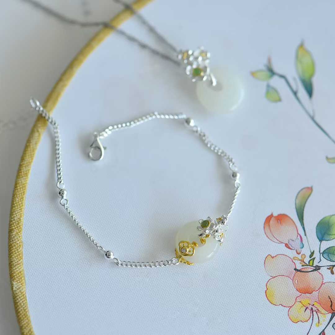 925 Silver Inlaid Hetian Nephrite "January Plum Blossom (Twelve Flower Gods)" Jewelry Set