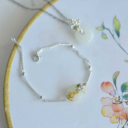 925 Silver Inlaid Hetian Nephrite "January Plum Blossom (Twelve Flower Gods)" Jewelry Set