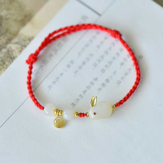 925 Silver Inlaid Hetian Nephrite "Rabbit & Red Cord - Multi-Gem & Multi-Blessings" Jewelry Set