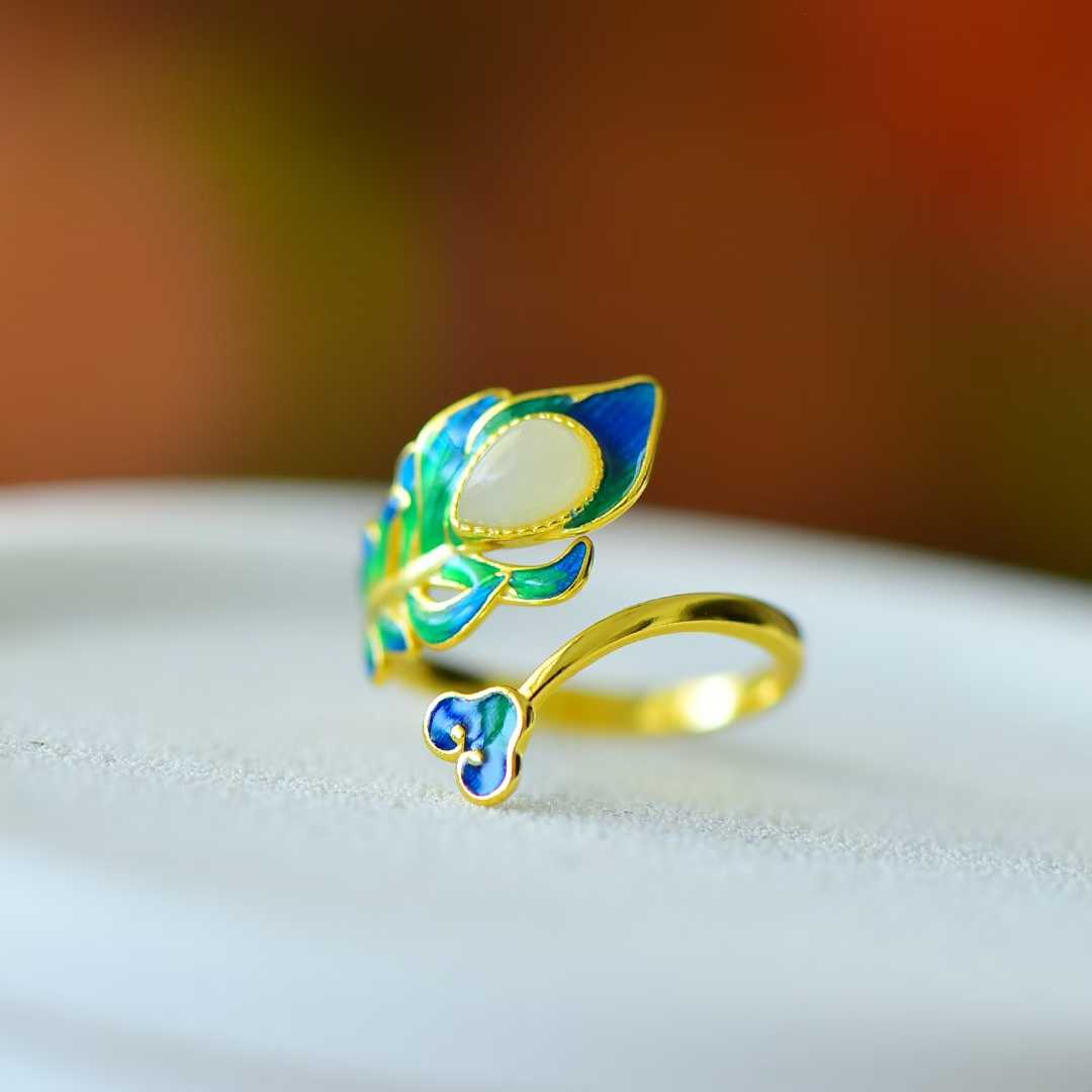 S925 Silver Inlaid Nephrite "Golden Branch Jade Leaf" Enamel Ring