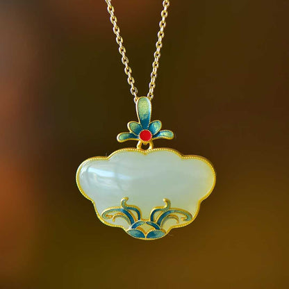 S925 Silver Inlaid Hetian Nephrite "Orchid & Grass Ruyi Lock" Jewelry Set